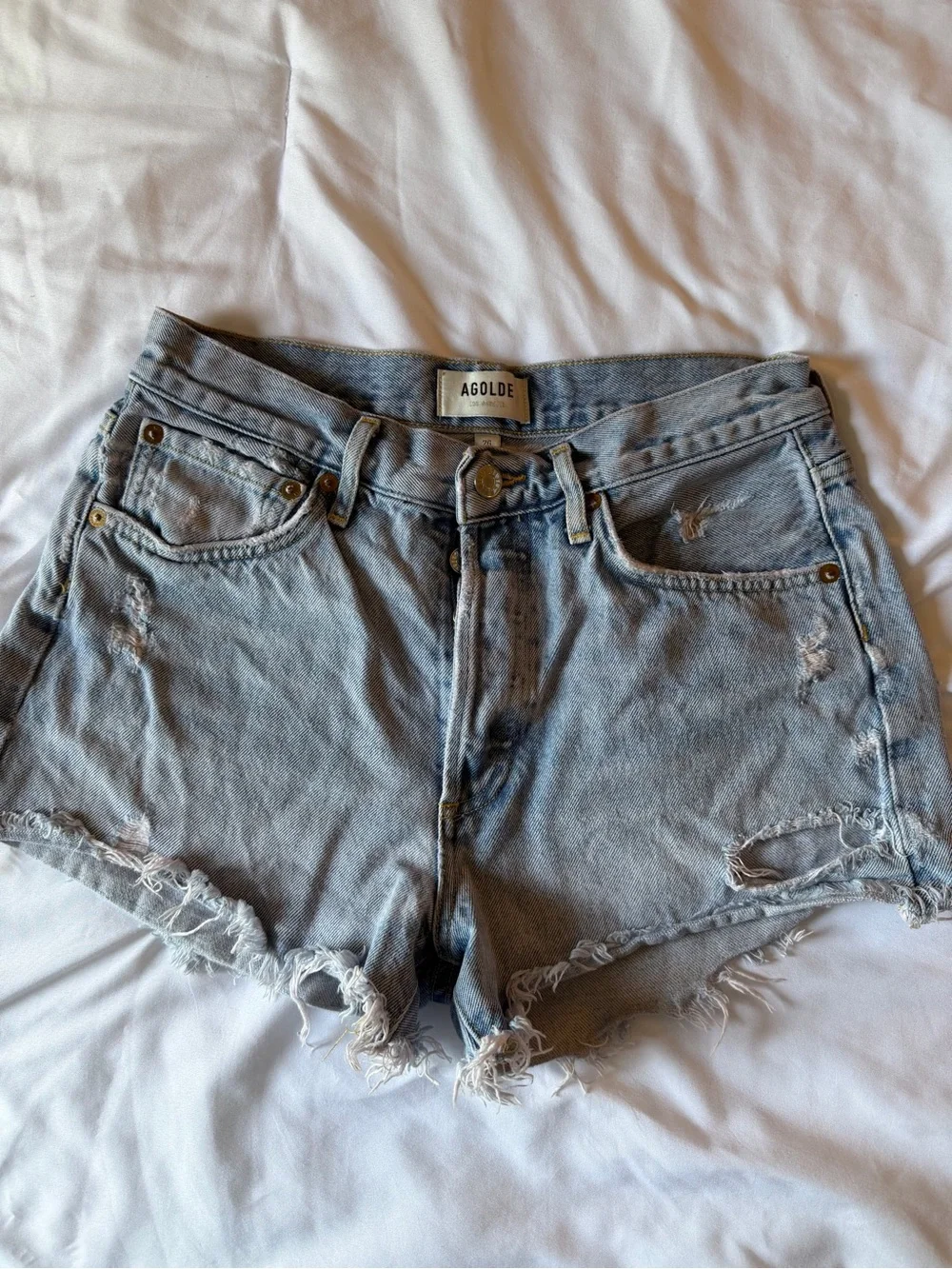 Agolde Light Wash Distressed High-Rise Denim Shorts